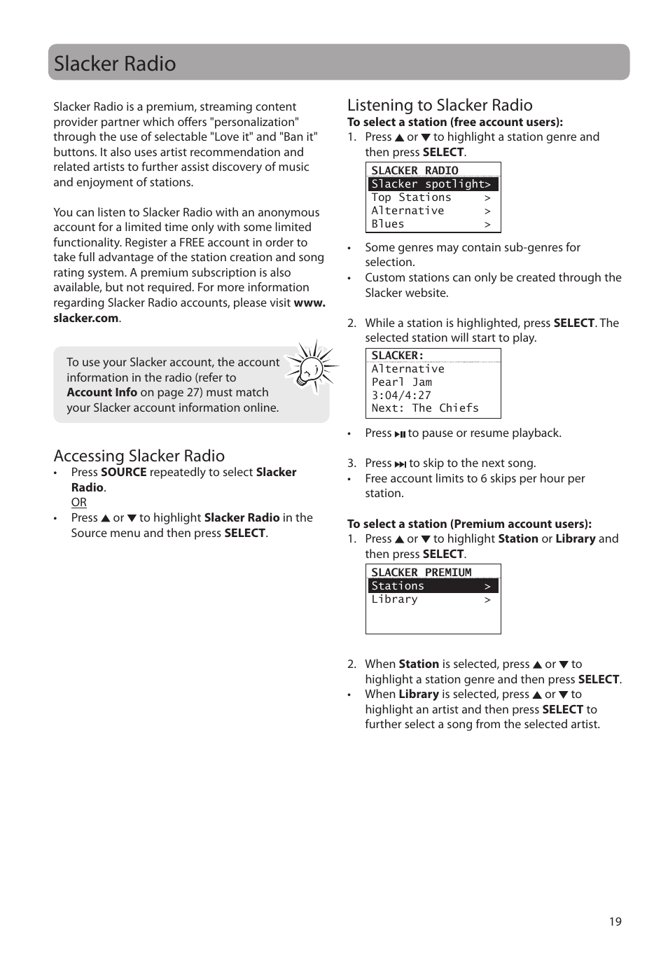 Slacker radio, Accessing slacker radio, Listening to slacker radio | RCA RIR205 User Manual | Page 19 / 36