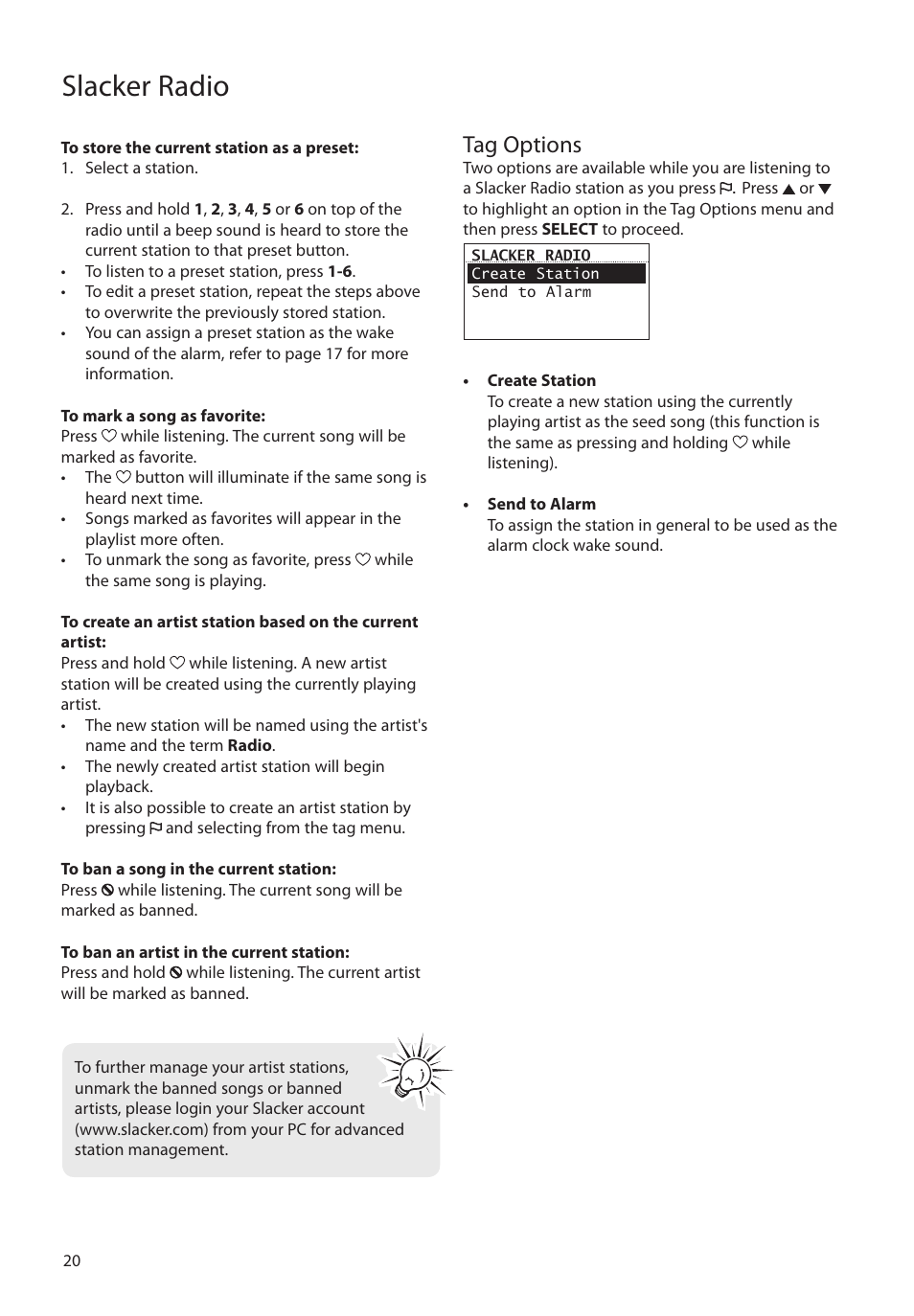 Tag options, Slacker radio | RCA RIR205 User Manual | Page 20 / 36