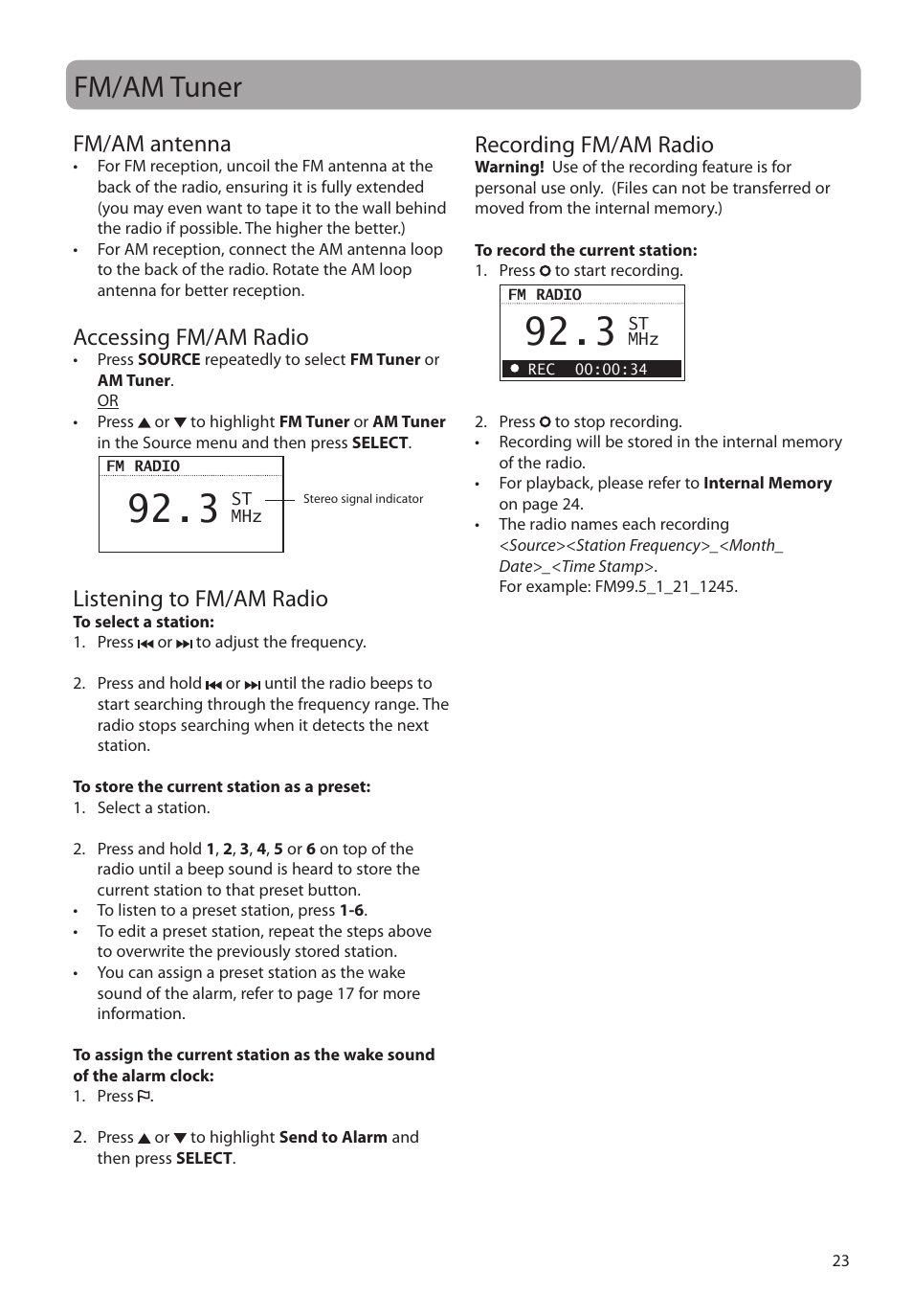 Fm/am tuner, Fm/am antenna, Accessing fm/am radio | Listening to fm/am radio, Recording fm/am radio | RCA RIR205 User Manual | Page 23 / 36