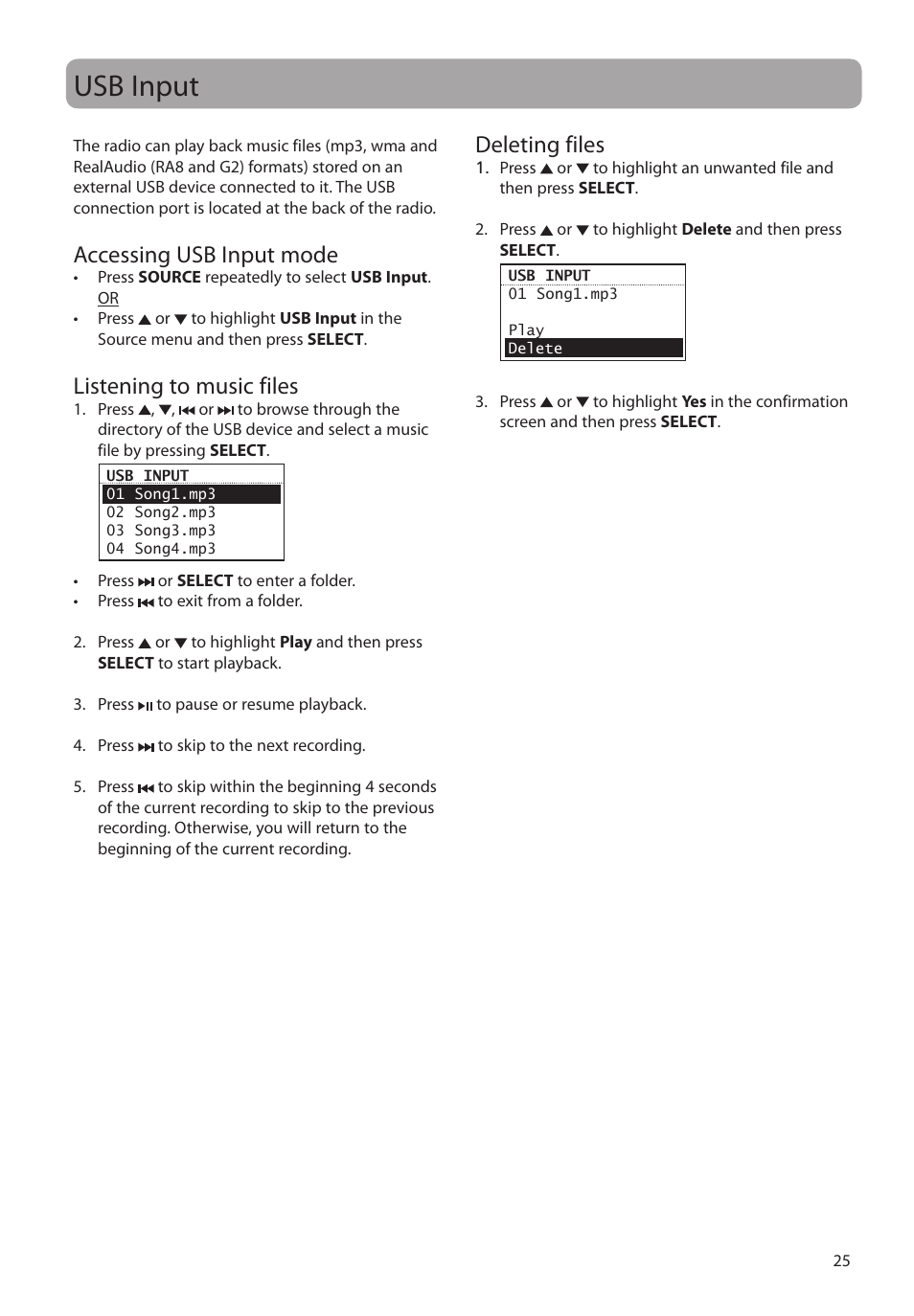 Usb input, Accessing usb input mode, Listening to music files | Deleting files | RCA RIR205 User Manual | Page 25 / 36