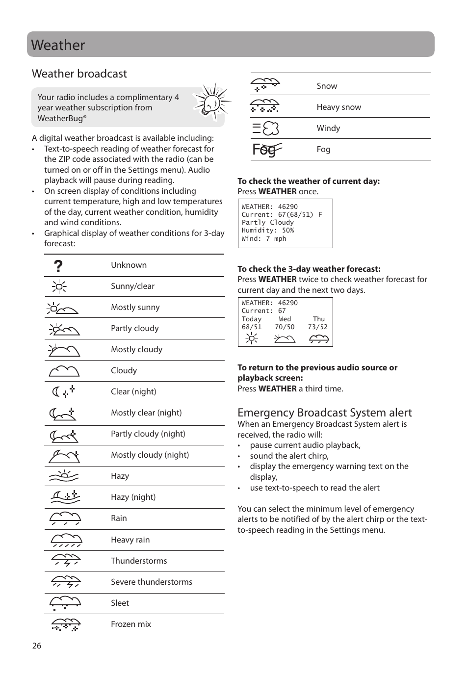 Weather, Weather broadcast, Emergency broadcast system alert | RCA RIR205 User Manual | Page 26 / 36