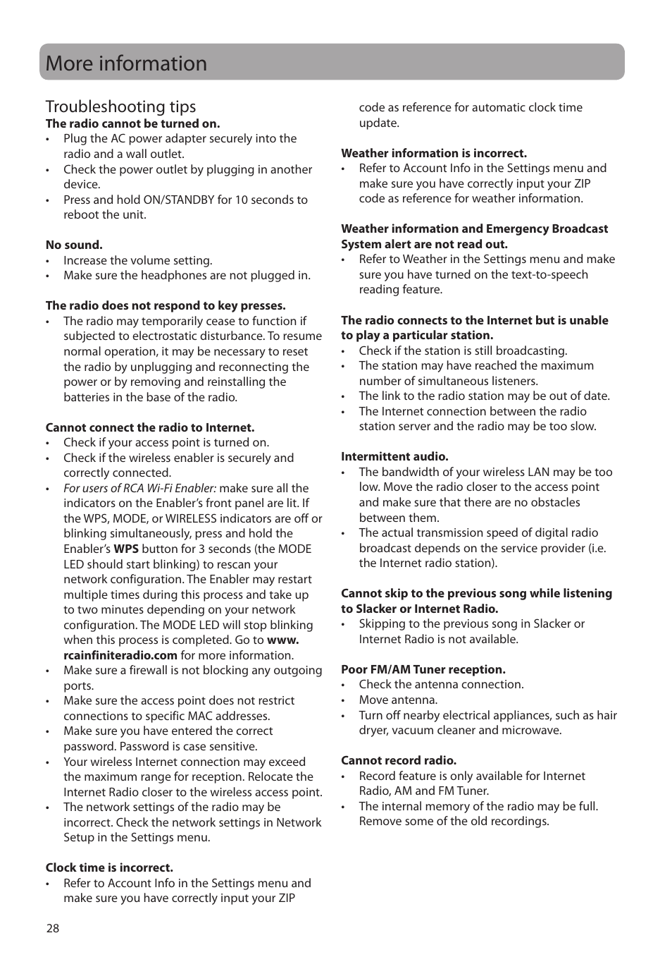 More information, Troubleshooting tips | RCA RIR205 User Manual | Page 28 / 36