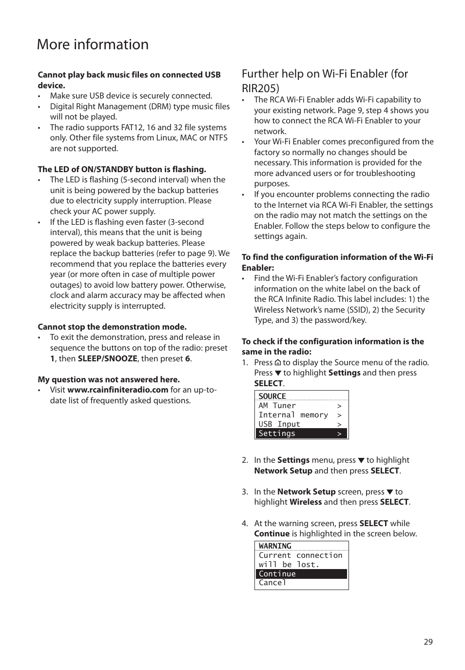 Further help on wi-fi enabler (for rir205), More information | RCA RIR205 User Manual | Page 29 / 36