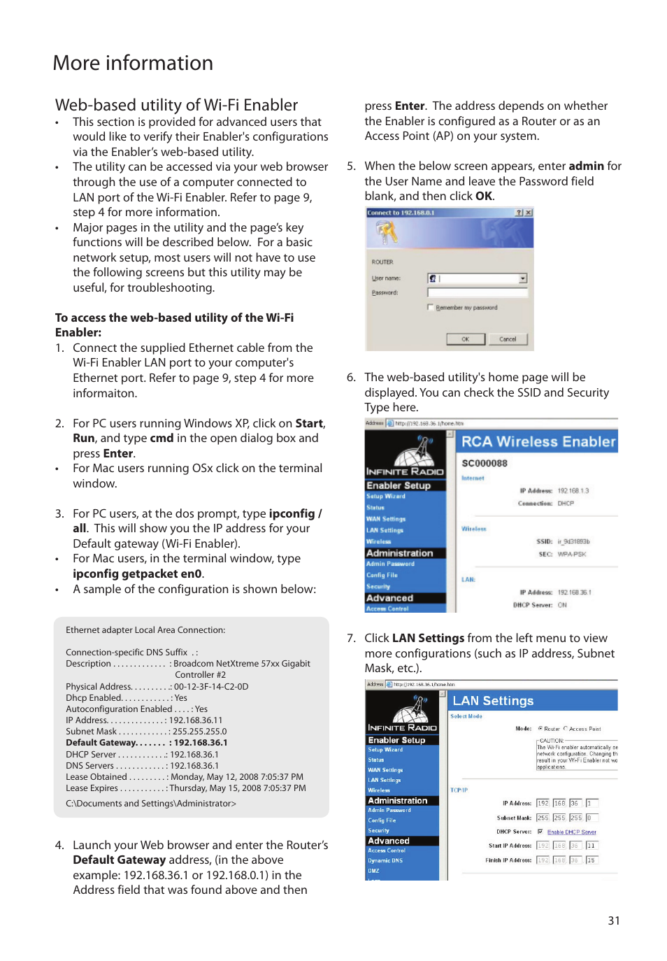 Web-based utility of wi-fi enabler, More information | RCA RIR205 User Manual | Page 31 / 36