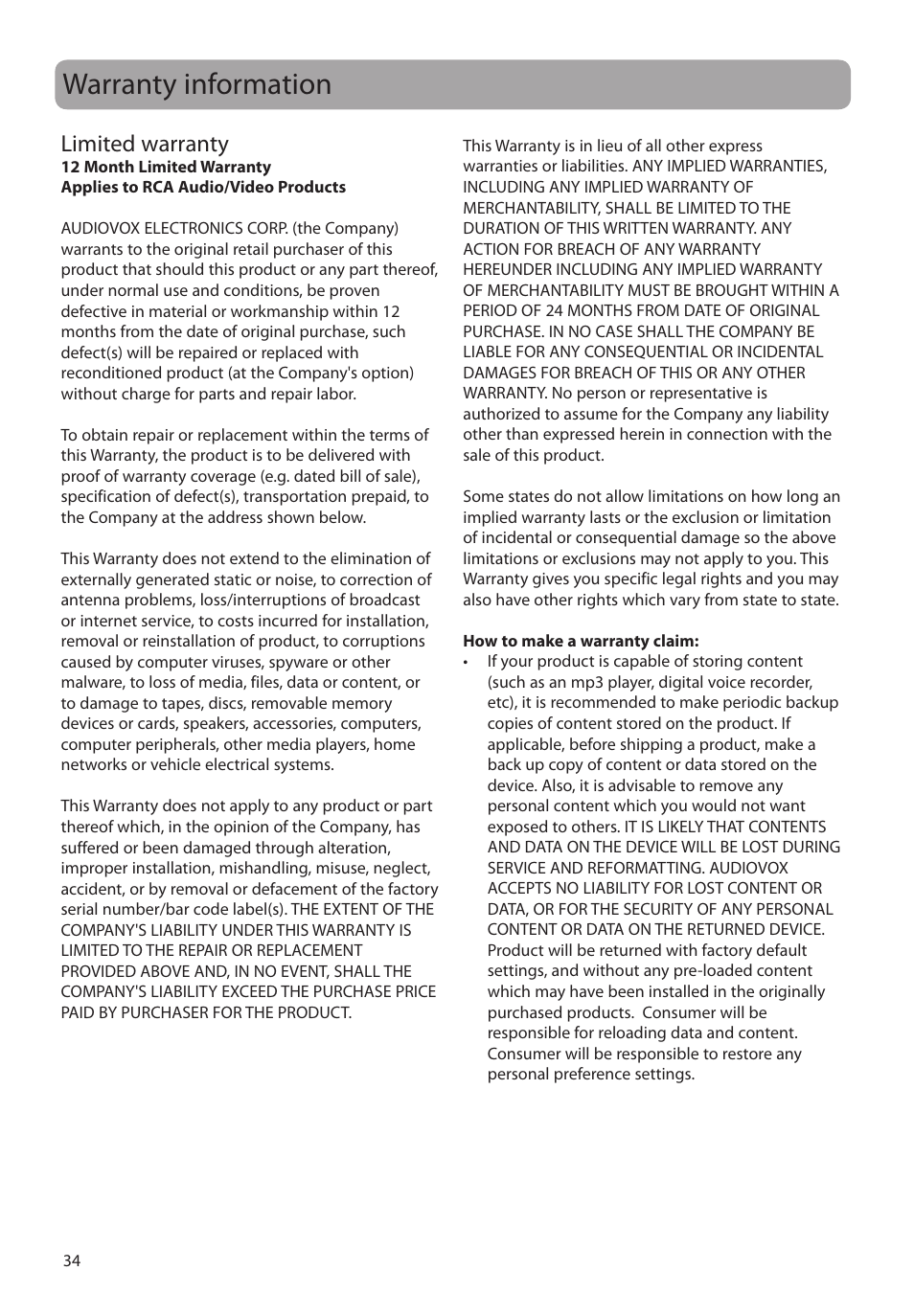 Warranty information, Limited warranty | RCA RIR205 User Manual | Page 34 / 36