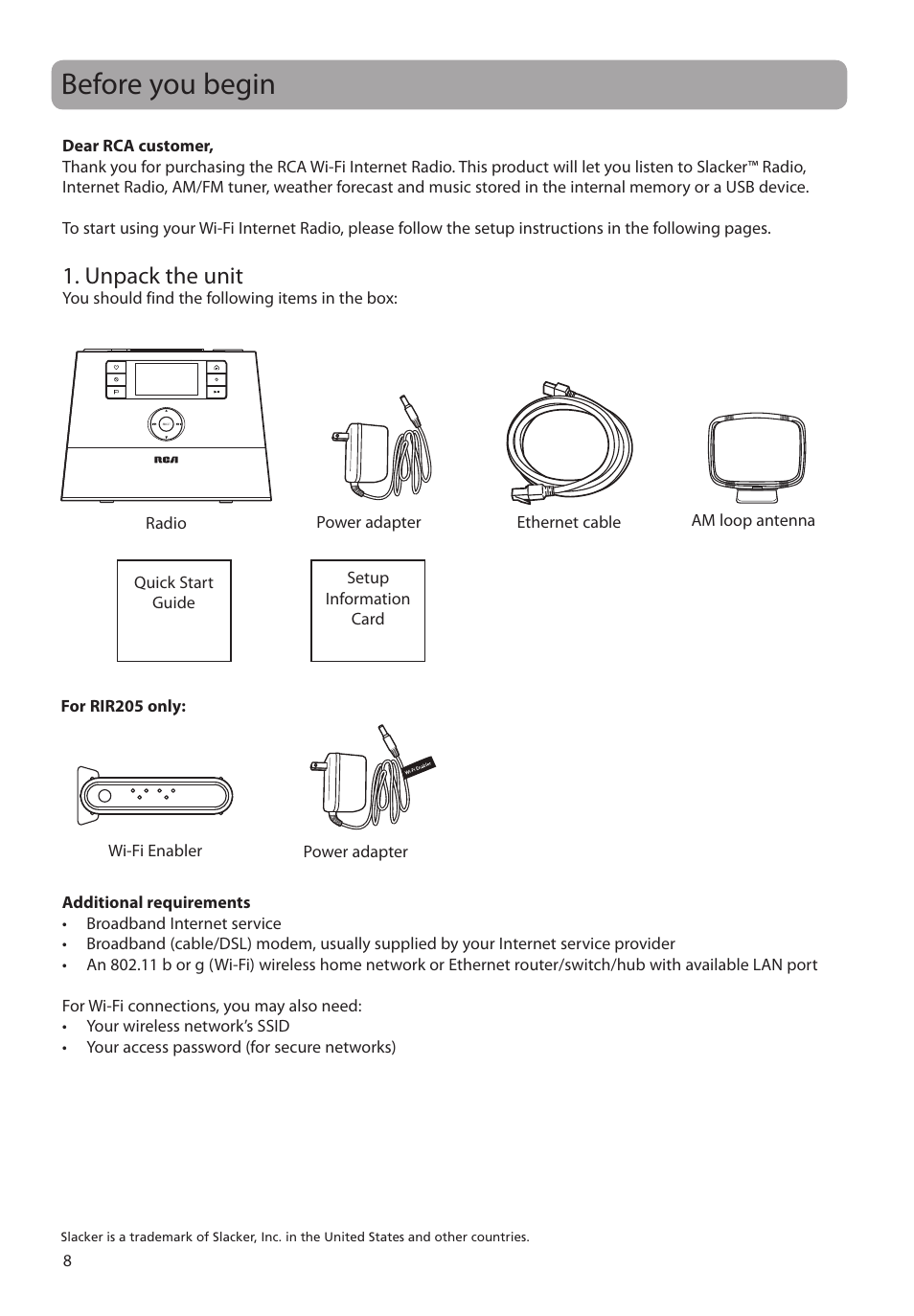 Before you begin, Unpack the unit | RCA RIR205 User Manual | Page 8 / 36