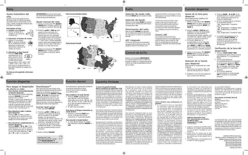 Reloj, Radio, Control de brillo | Función despertar, Función dormir, Garantía limitada, Ajuste manual del reloj, Ajuste automático del reloj, Selección de modo radio, Selección de banda | RCA RC46 User Manual | Page 2 / 3