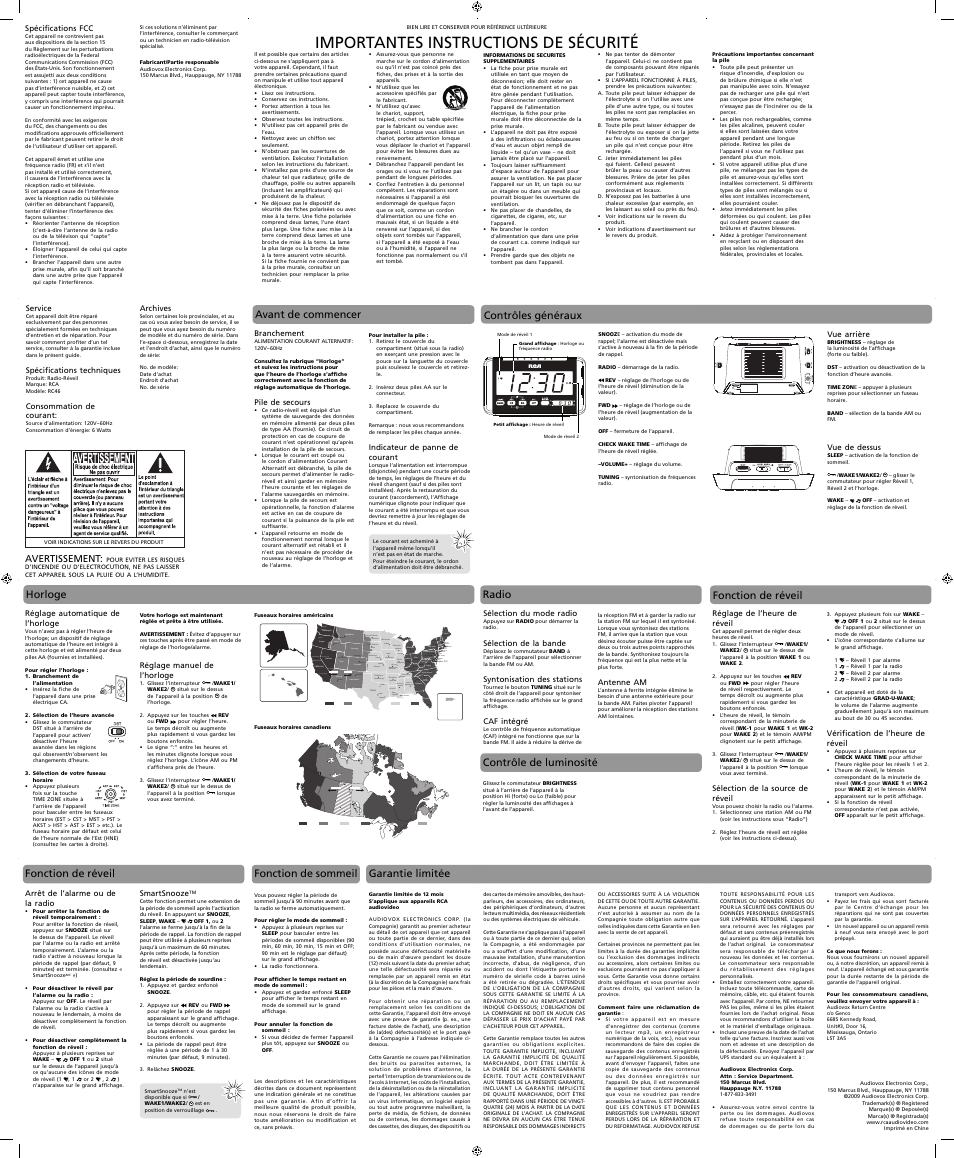 Importantes instructions de sécurité, Avant de commencer horloge, Contrôles généraux | Radio, Contrôle de luminosité, Fonction de réveil, Fonction de sommeil, Garantie limitée, Avertissement, Archives | RCA RC46 User Manual | Page 3 / 3