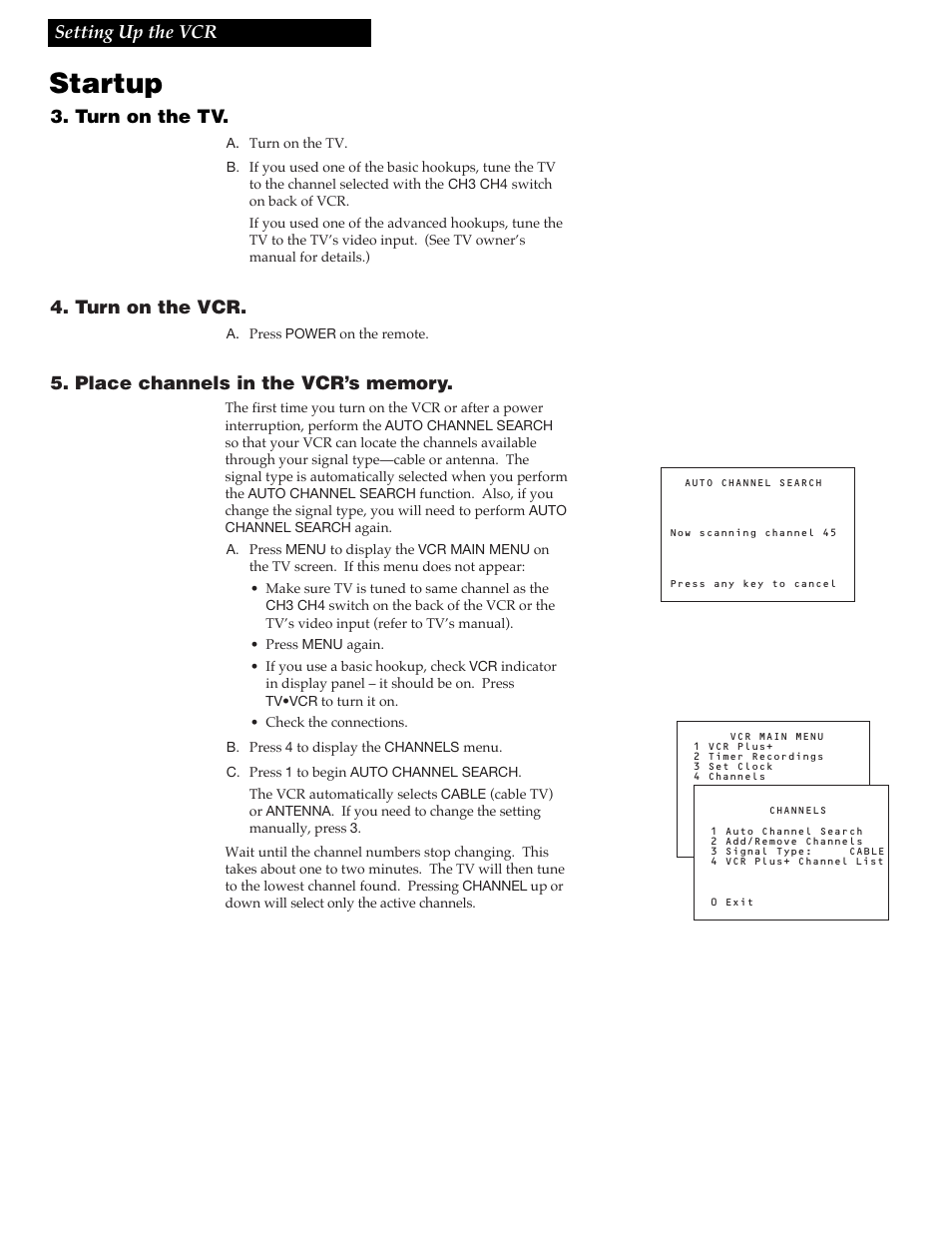 Startup, Setting up the vcr, Turn on the tv | Turn on the vcr | RCA VR348 User Manual | Page 10 / 36