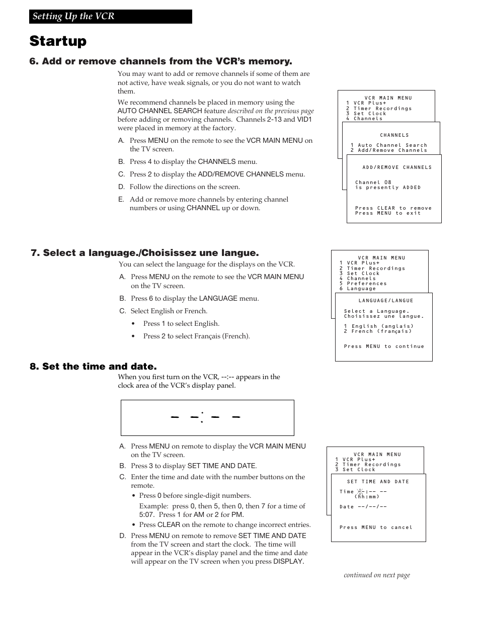 Startup, 9setting up the vcr 8. set the time and date, Select a language./choisissez une langue | RCA VR348 User Manual | Page 11 / 36