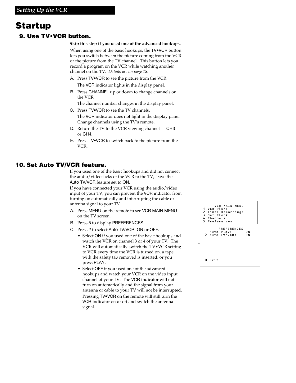 Startup, 10 9. use tv•vcr button, Set auto tv/vcr feature | Setting up the vcr | RCA VR348 User Manual | Page 12 / 36