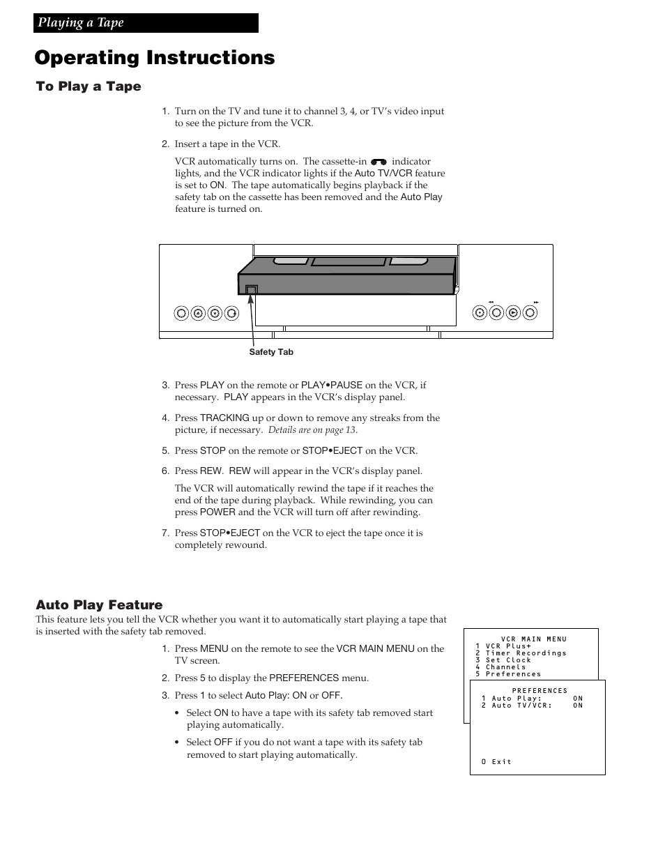 Playing a tape, Operating instructions, Auto play feature | 12 playing a tape | RCA VR348 User Manual | Page 14 / 36
