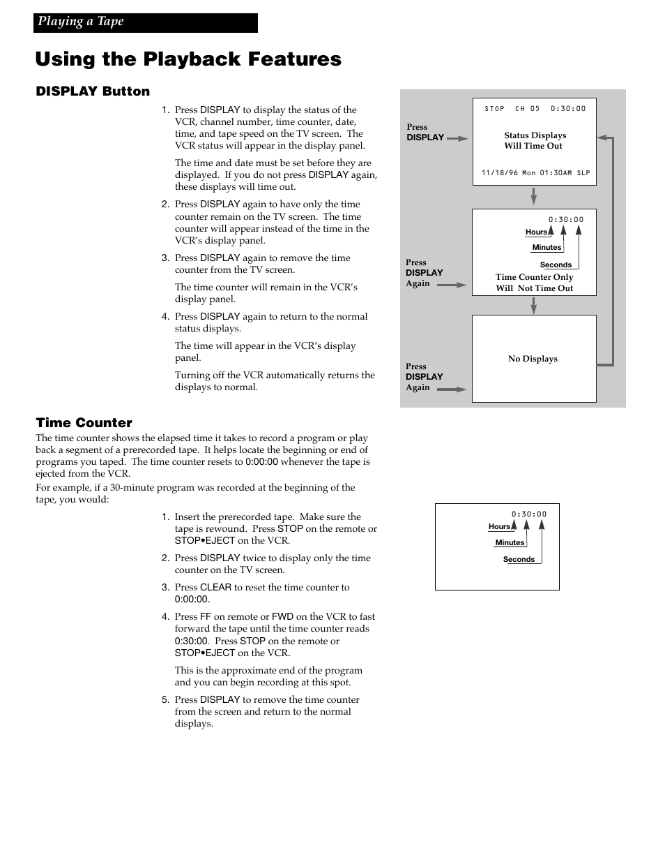 Using the playback features, Playing a tape display button, Time counter | RCA VR348 User Manual | Page 16 / 36