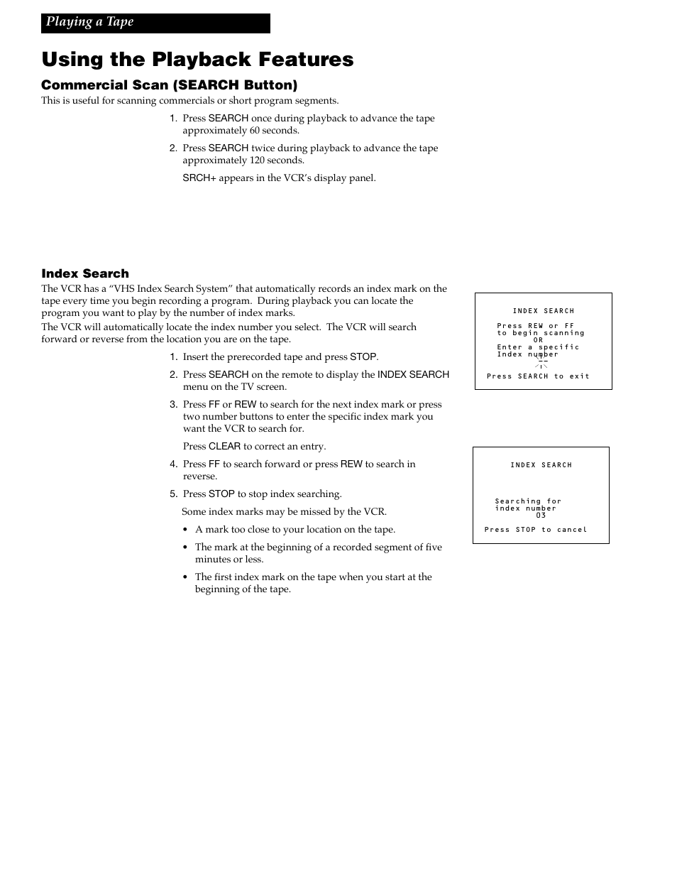 Using the playback features, 15 commercial scan (search button), Playing a tape | RCA VR348 User Manual | Page 17 / 36