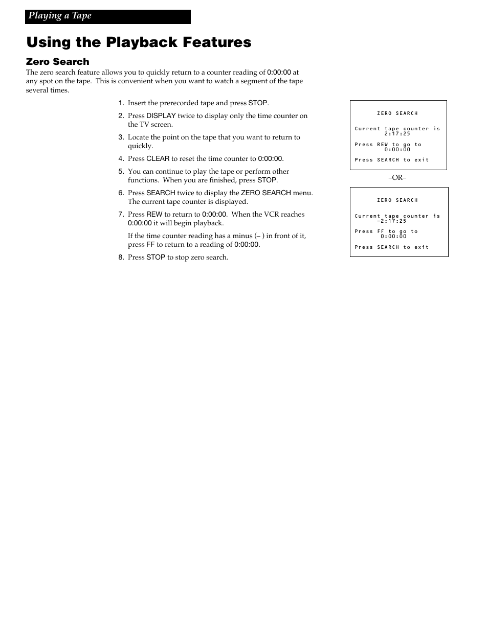 Using the playback features, Playing a tape zero search | RCA VR348 User Manual | Page 18 / 36