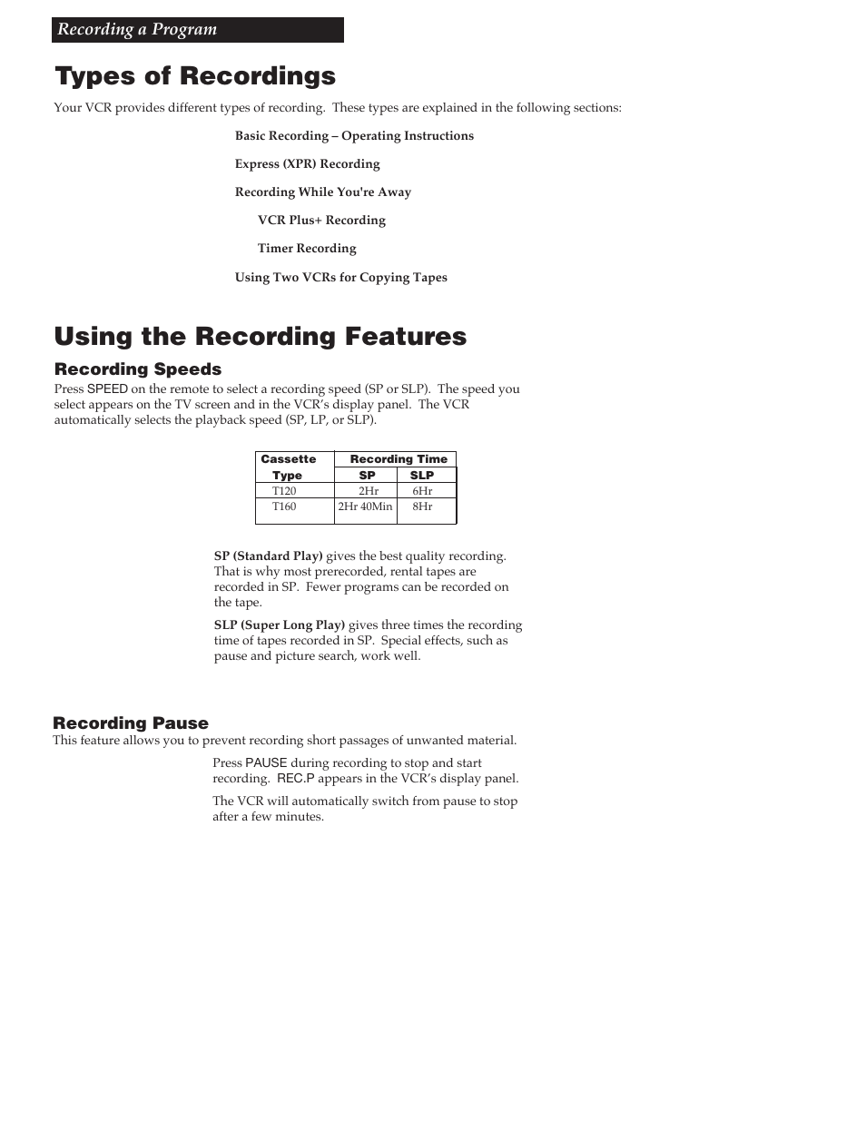 Recording a program, Types of recordings, Recording speeds | Recording pause, Using the recording features | RCA VR348 User Manual | Page 19 / 36