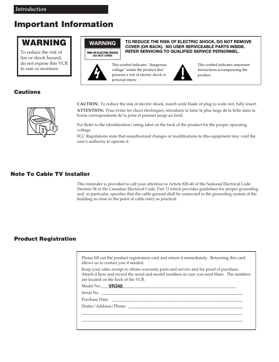 Important information, Warnings, Cautions | Note to cable tv installer, Product registration, Warning | RCA VR348 User Manual | Page 2 / 36