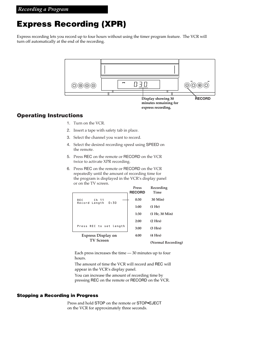 Express recording (xpr), 19 recording a program, Operating instructions | RCA VR348 User Manual | Page 21 / 36