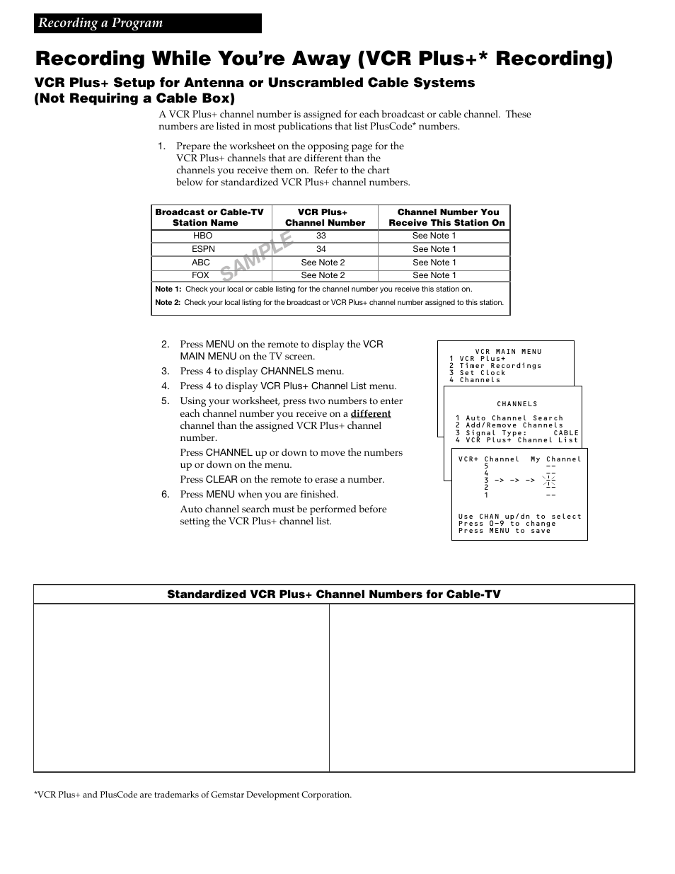 Recording while you’re away (vcr plus+* recording), Sample, 20 recording a program | RCA VR348 User Manual | Page 22 / 36