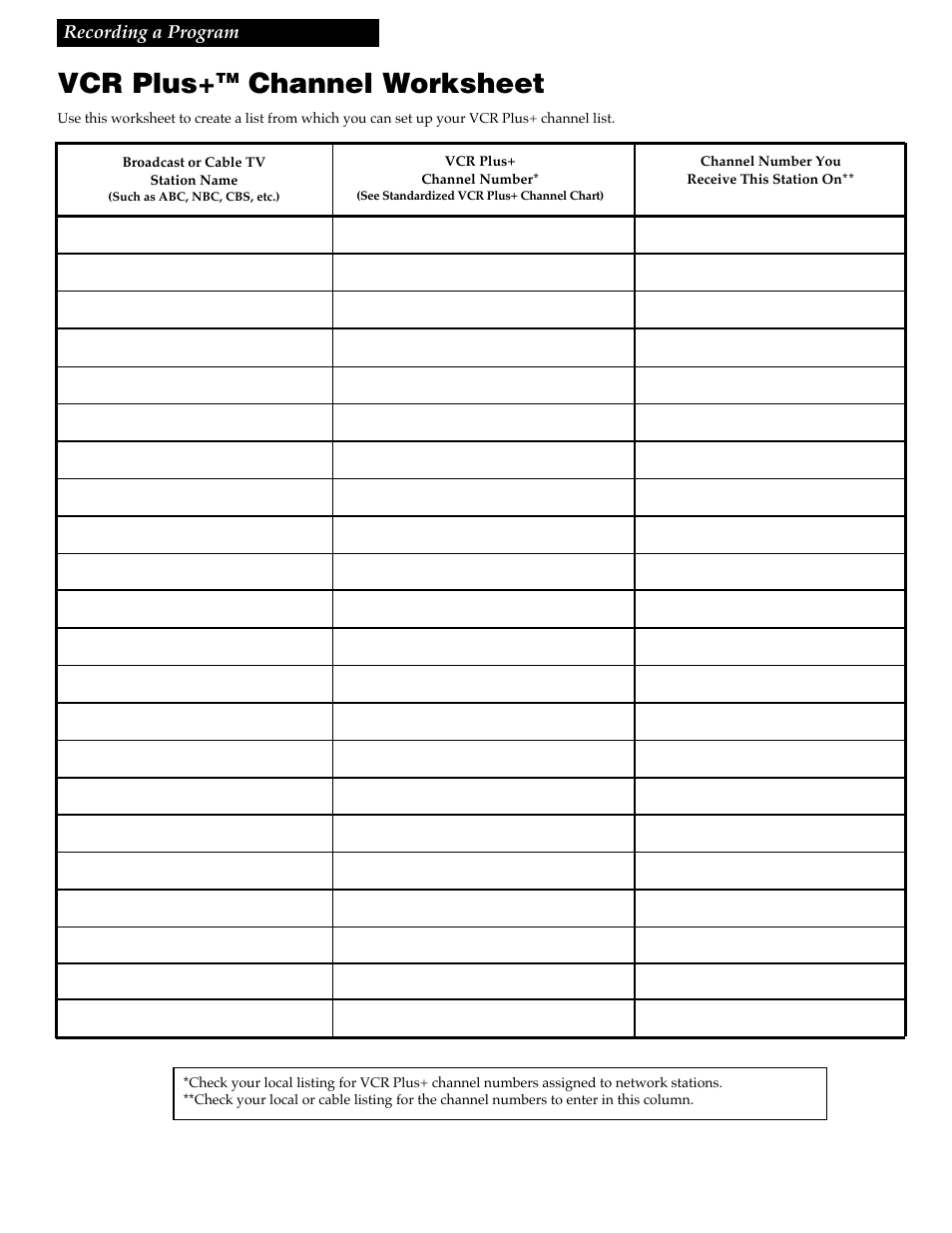 Vcr plus, Channel worksheet | RCA VR348 User Manual | Page 23 / 36