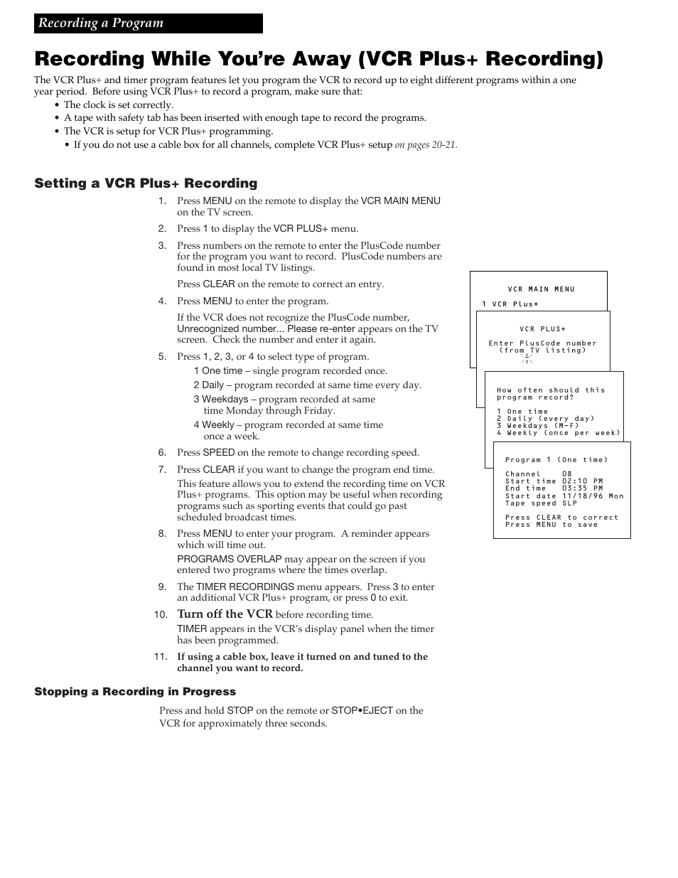 Recording while you’re away (vcr plus+ recording), Recording a program, Setting a vcr plus+ recording | RCA VR348 User Manual | Page 24 / 36