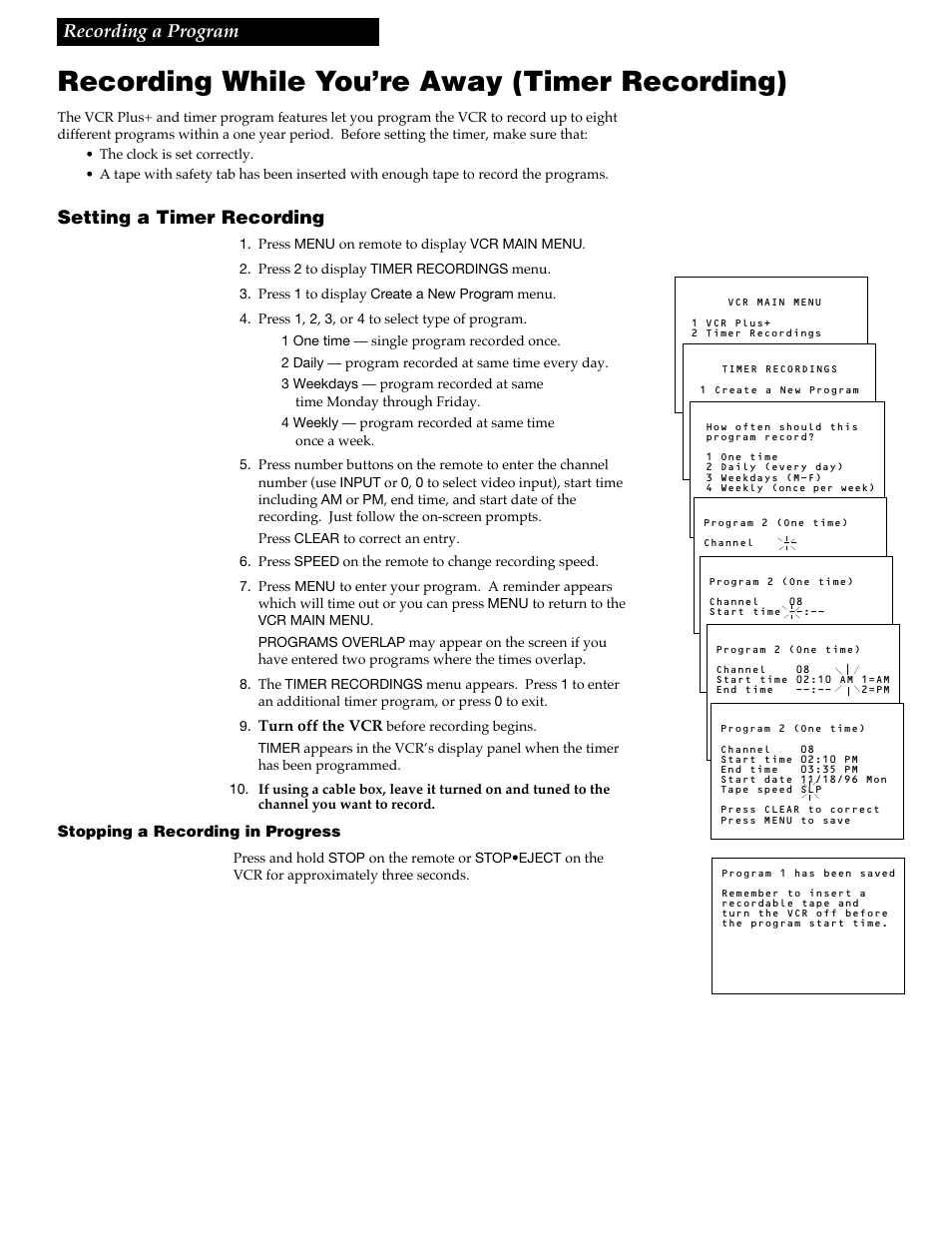 Recording while you’re away (timer recording), 23 recording a program, Setting a timer recording | RCA VR348 User Manual | Page 25 / 36