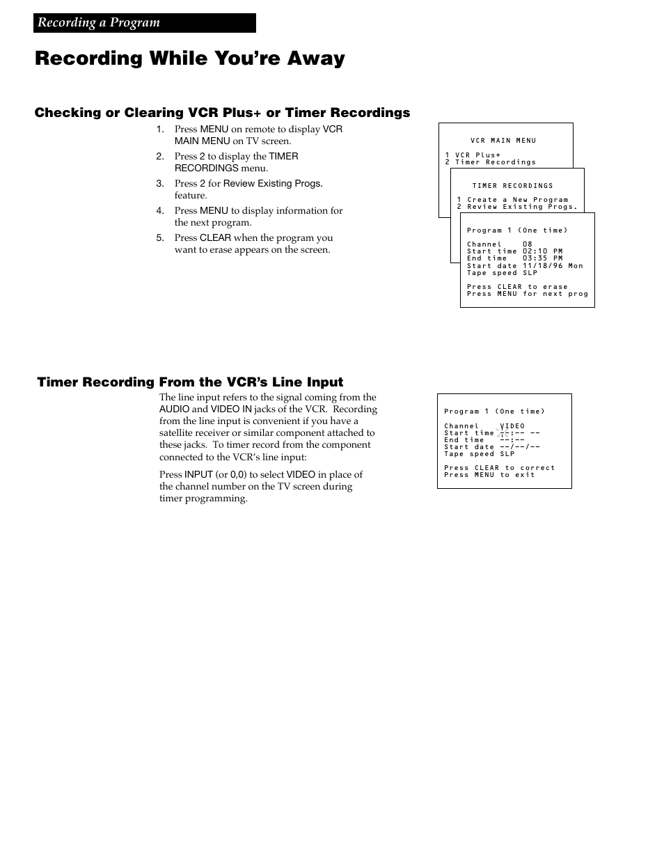 Recording while you’re away, Timer recording from the vcr’s line input | RCA VR348 User Manual | Page 26 / 36
