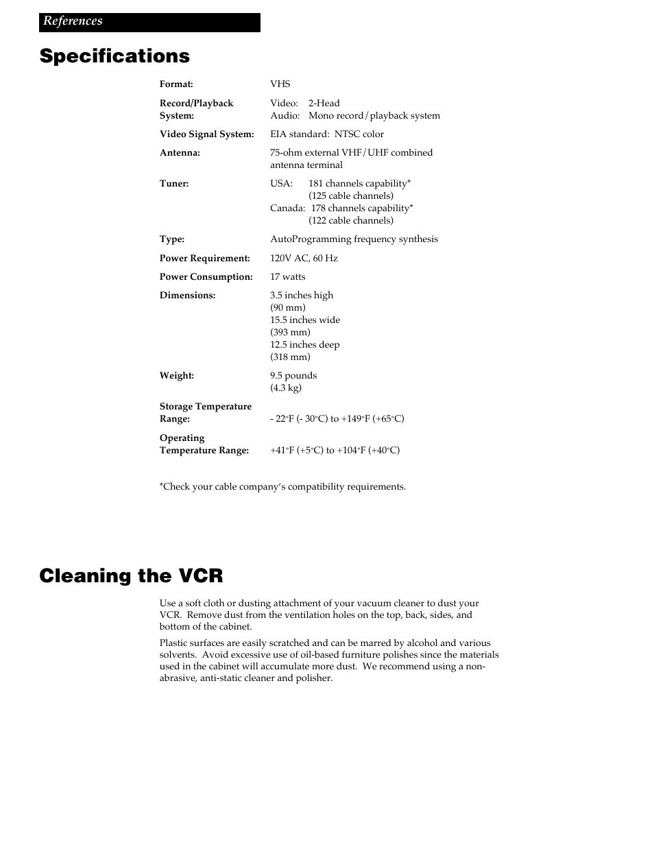 Specifications, Cleaning the vcr | RCA VR348 User Manual | Page 31 / 36