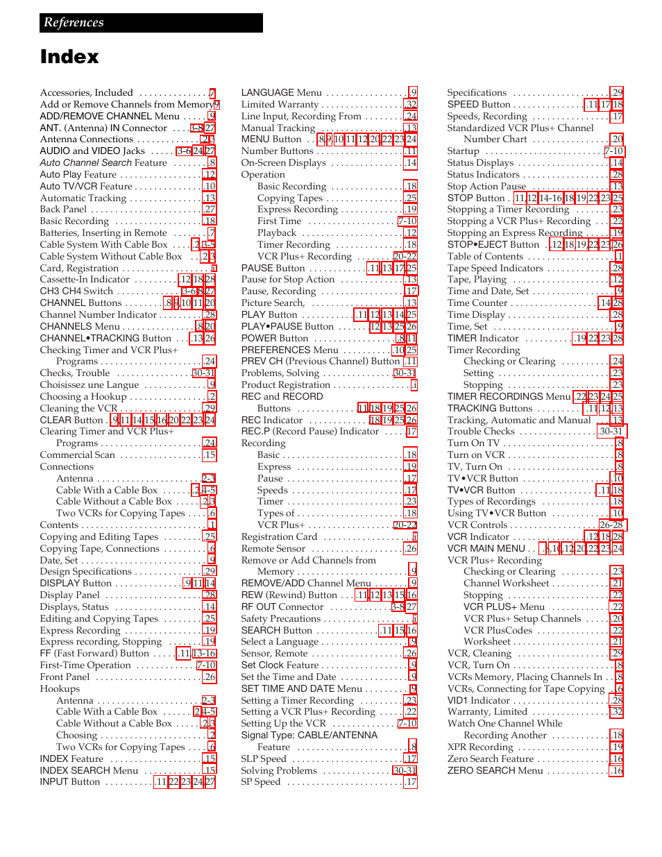 Index, 33 references | RCA VR348 User Manual | Page 35 / 36