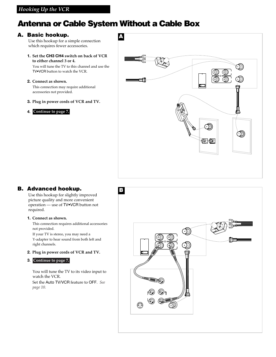 Antenna or cable system without a cable box, 3hooking up the vcr, A. basic hookup | B. advanced hookup, Back of tv, Back of vcr | RCA VR348 User Manual | Page 5 / 36