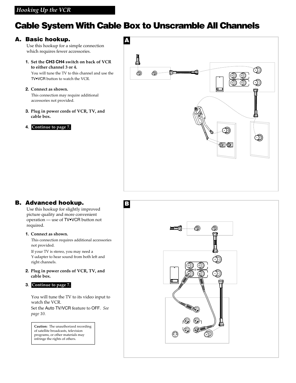 4hooking up the vcr, A. basic hookup, B. advanced hookup | Back of vcr, Cable box, Back of tv | RCA VR348 User Manual | Page 6 / 36