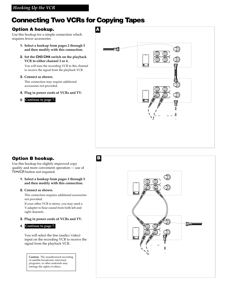 Connecting two vcrs for copying tapes, 6hooking up the vcr, Option a hookup | Option b hookup | RCA VR348 User Manual | Page 8 / 36
