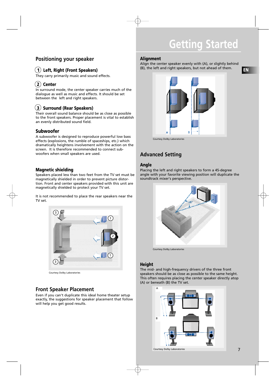 Getting started, Positioning your speaker, Front speaker placement | Advanced setting | RCA UND RECEIVER RTD250 User Manual | Page 10 / 55