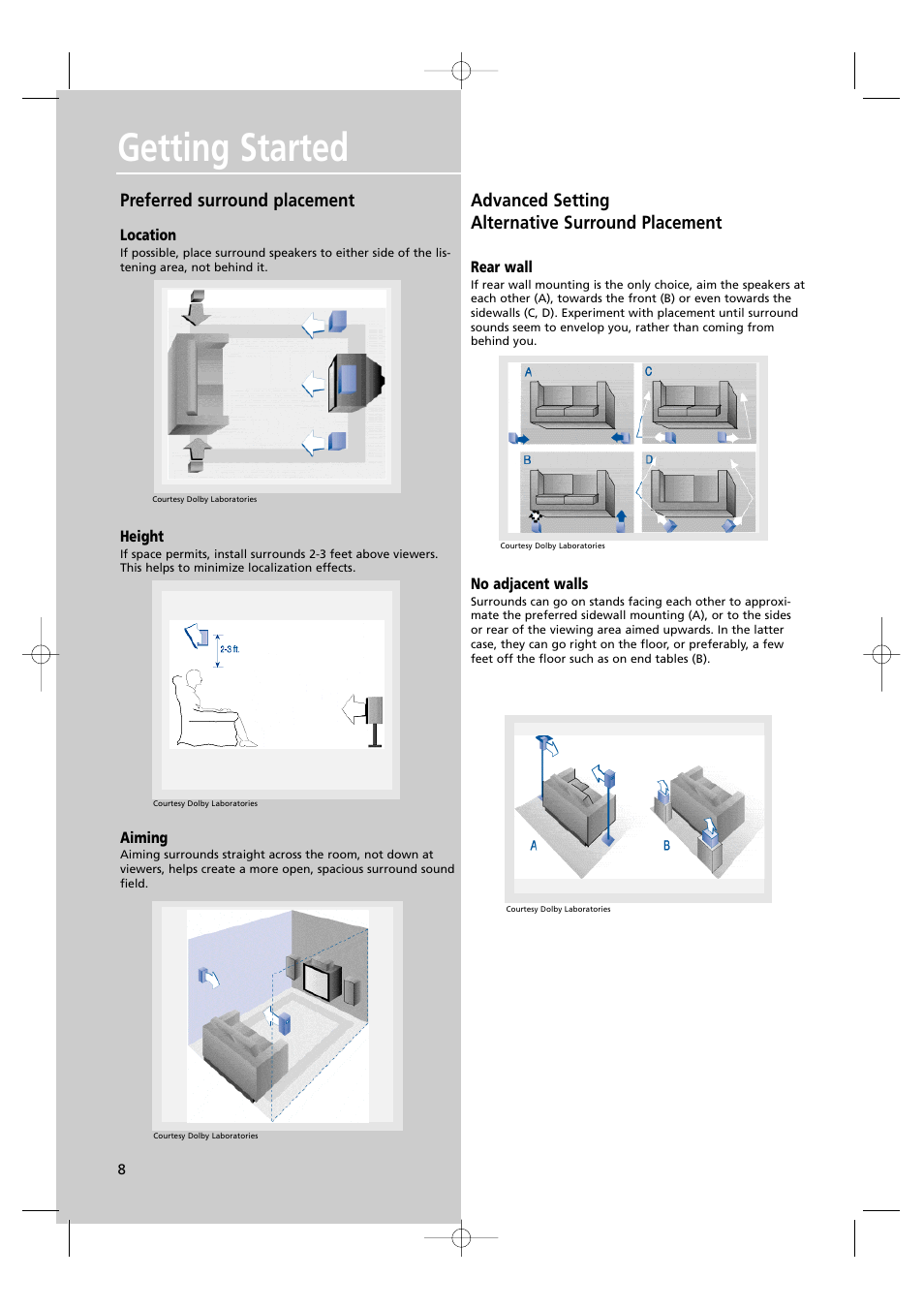 Getting started, Preferred surround placement, Advanced setting alternative surround placement | RCA UND RECEIVER RTD250 User Manual | Page 11 / 55