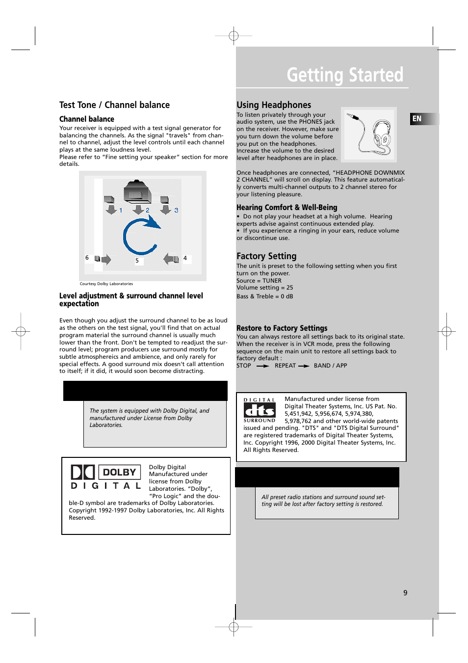 Getting started, Test tone / channel balance, Using headphones | Factory setting | RCA UND RECEIVER RTD250 User Manual | Page 12 / 55