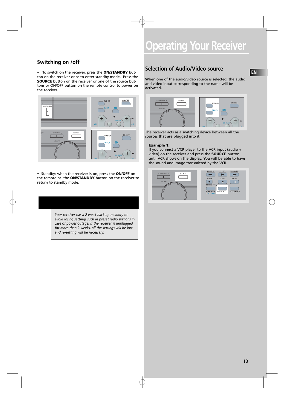 Operating your receiver, Switching on /off, Selection of audio/video source | RCA UND RECEIVER RTD250 User Manual | Page 16 / 55