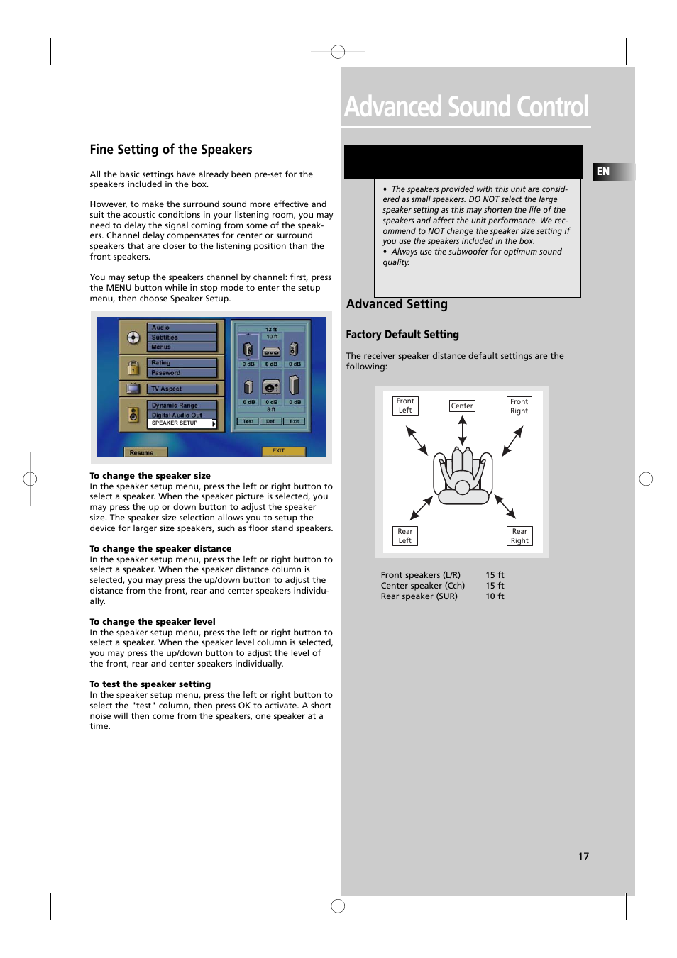 Advanced sound control, Fine setting of the speakers, Advanced setting | RCA UND RECEIVER RTD250 User Manual | Page 20 / 55