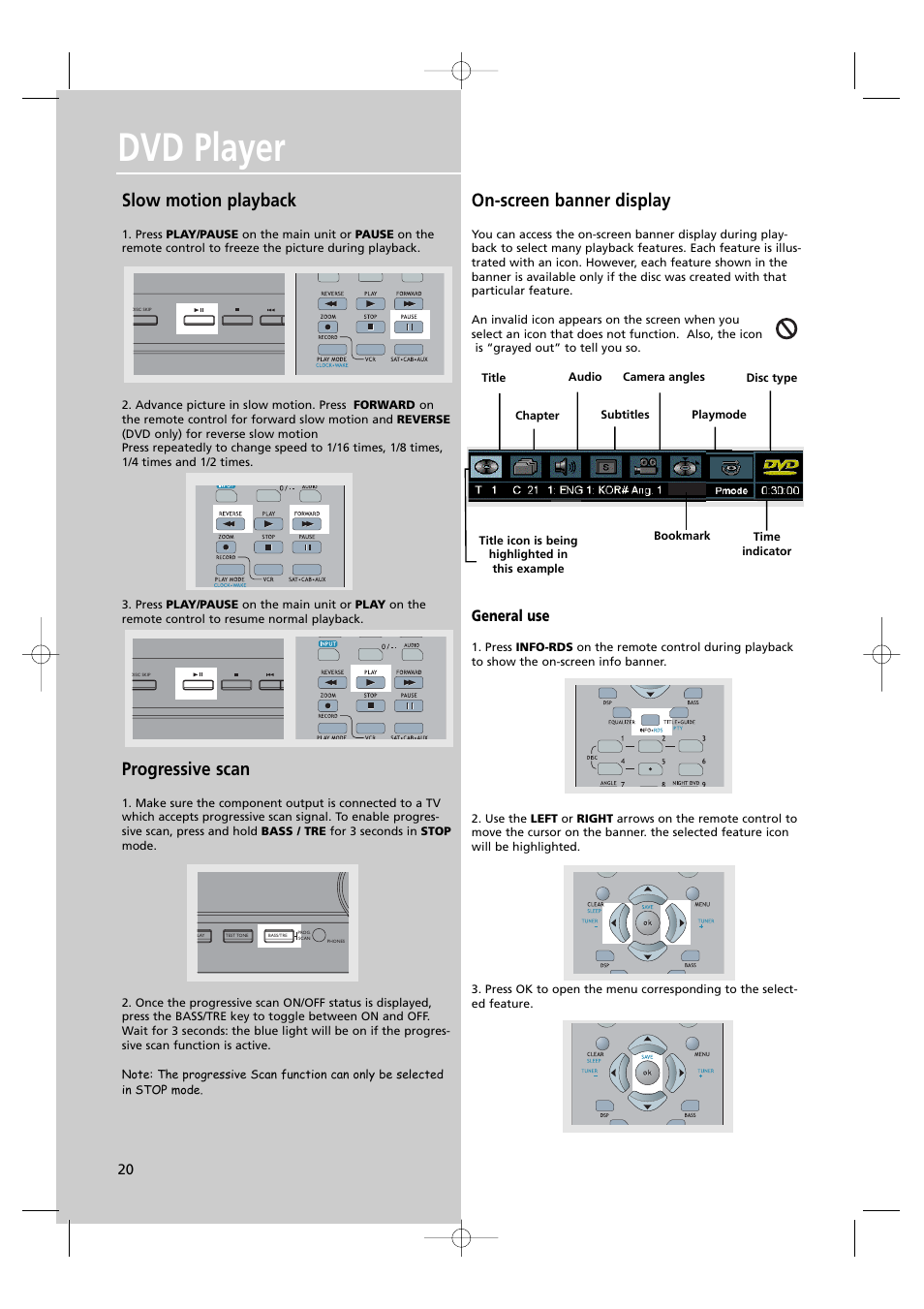 Dvd player, Slow motion playback, Progressive scan | On-screen banner display, General use | RCA UND RECEIVER RTD250 User Manual | Page 23 / 55