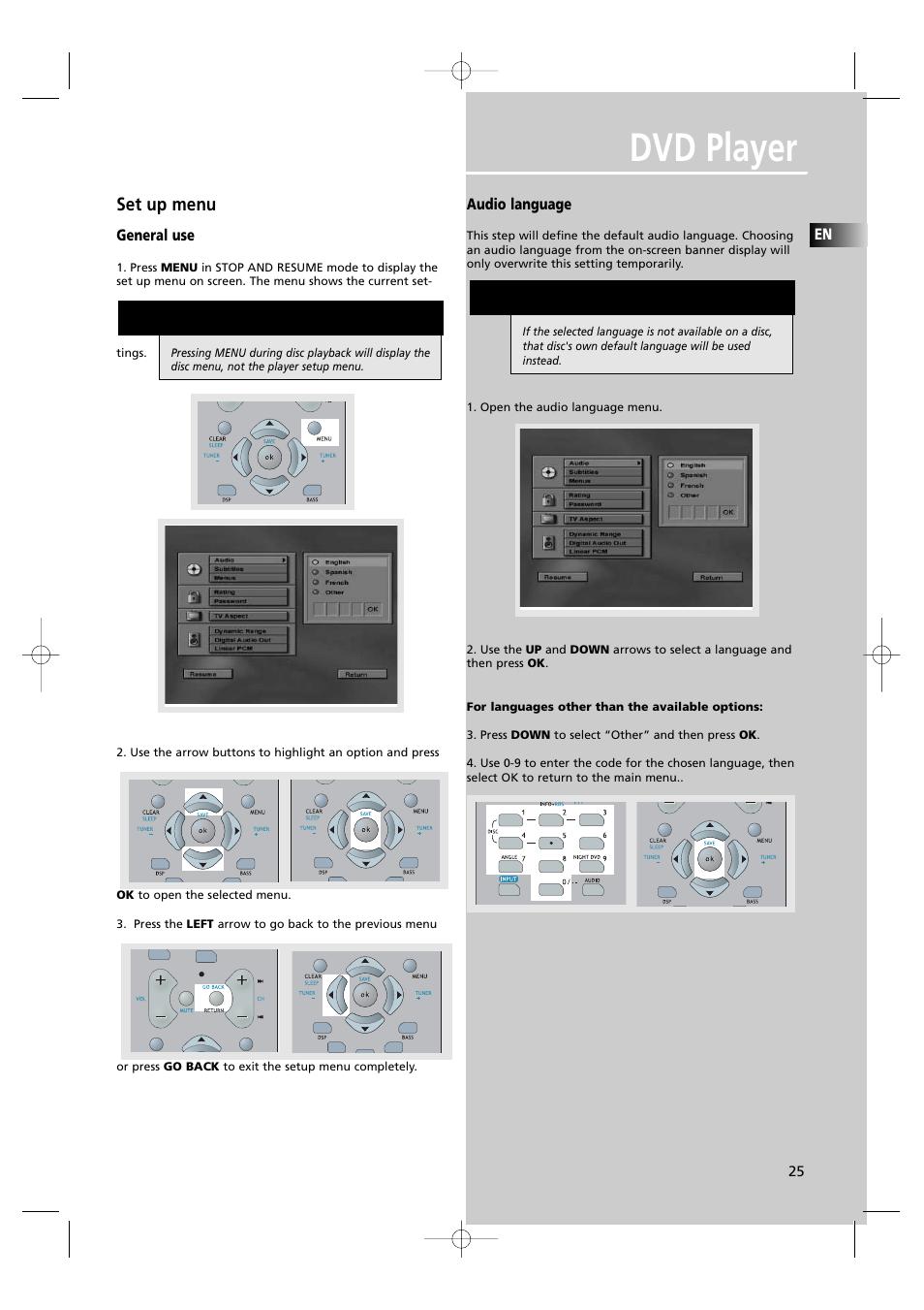 Dvd player, Set up menu | RCA UND RECEIVER RTD250 User Manual | Page 28 / 55
