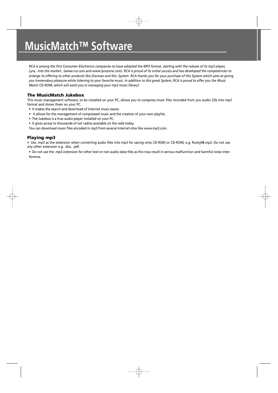 Musicmatch™ software | RCA UND RECEIVER RTD250 User Manual | Page 3 / 55