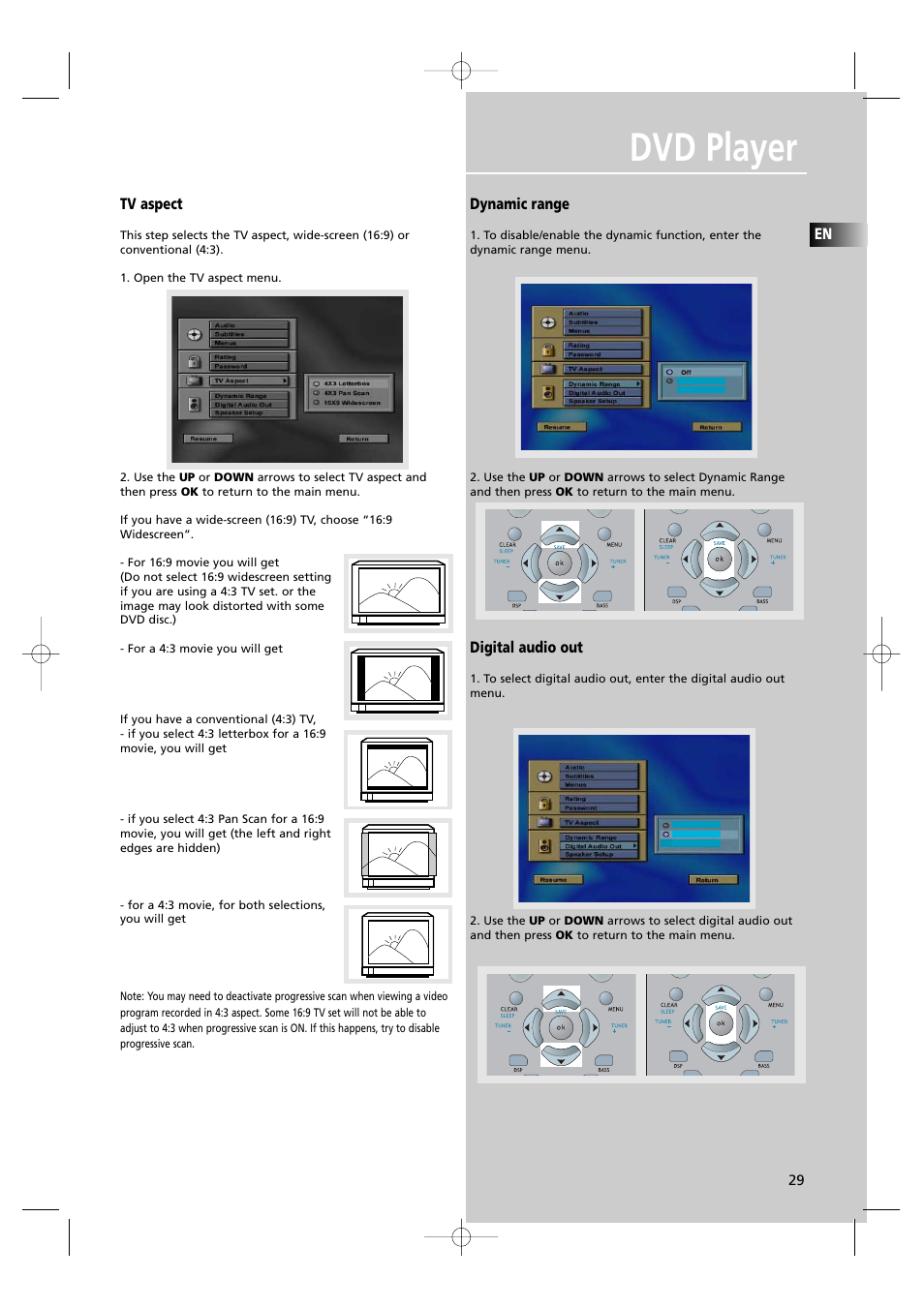 Dvd player, Tv aspect, Dynamic range | Digital audio out | RCA UND RECEIVER RTD250 User Manual | Page 32 / 55