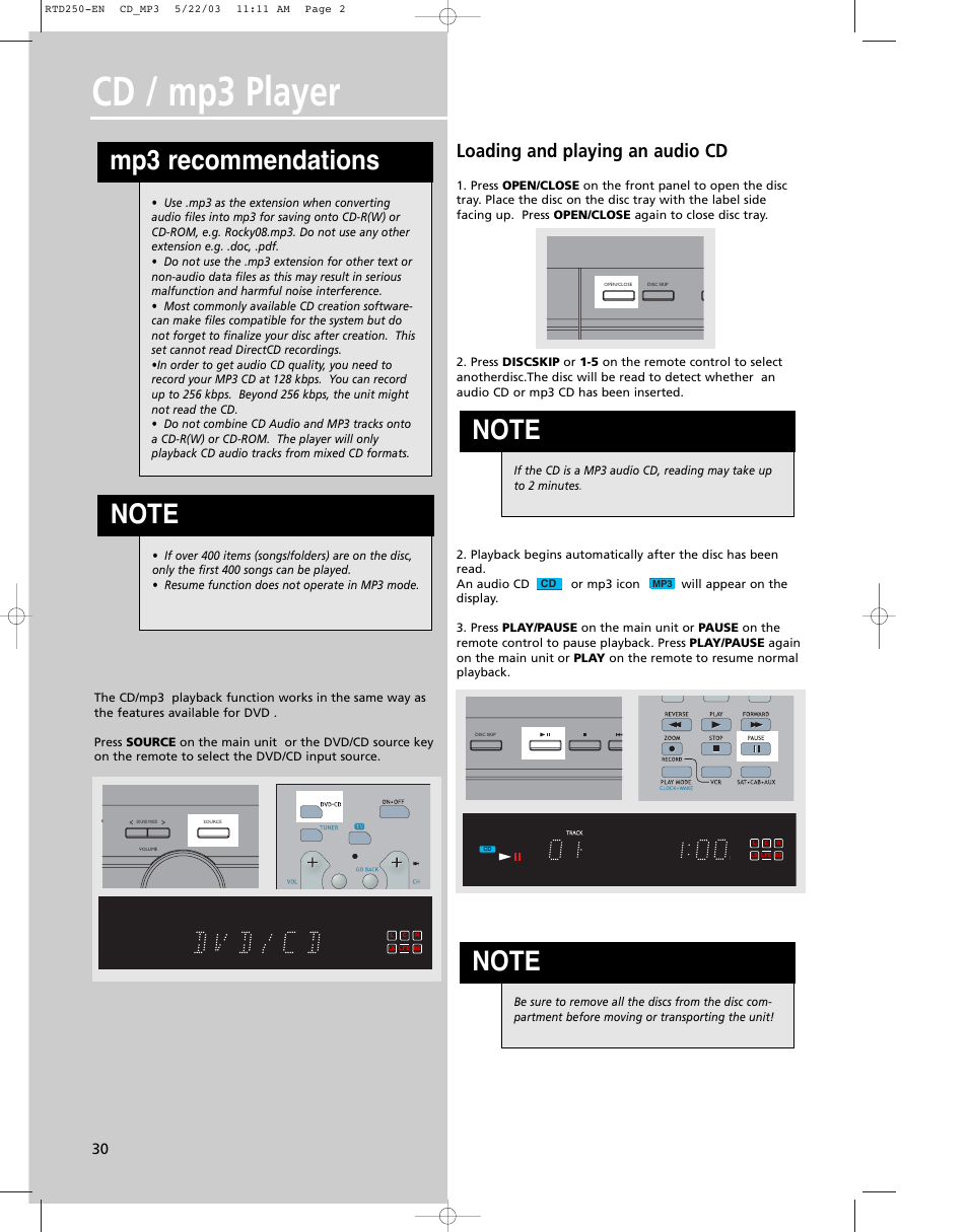 Cd / mp3 player, Mp3 recommendations, Loading and playing an audio cd | RCA UND RECEIVER RTD250 User Manual | Page 33 / 55