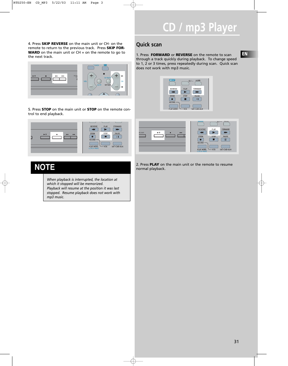 Cd / mp3 player, Quick scan | RCA UND RECEIVER RTD250 User Manual | Page 34 / 55