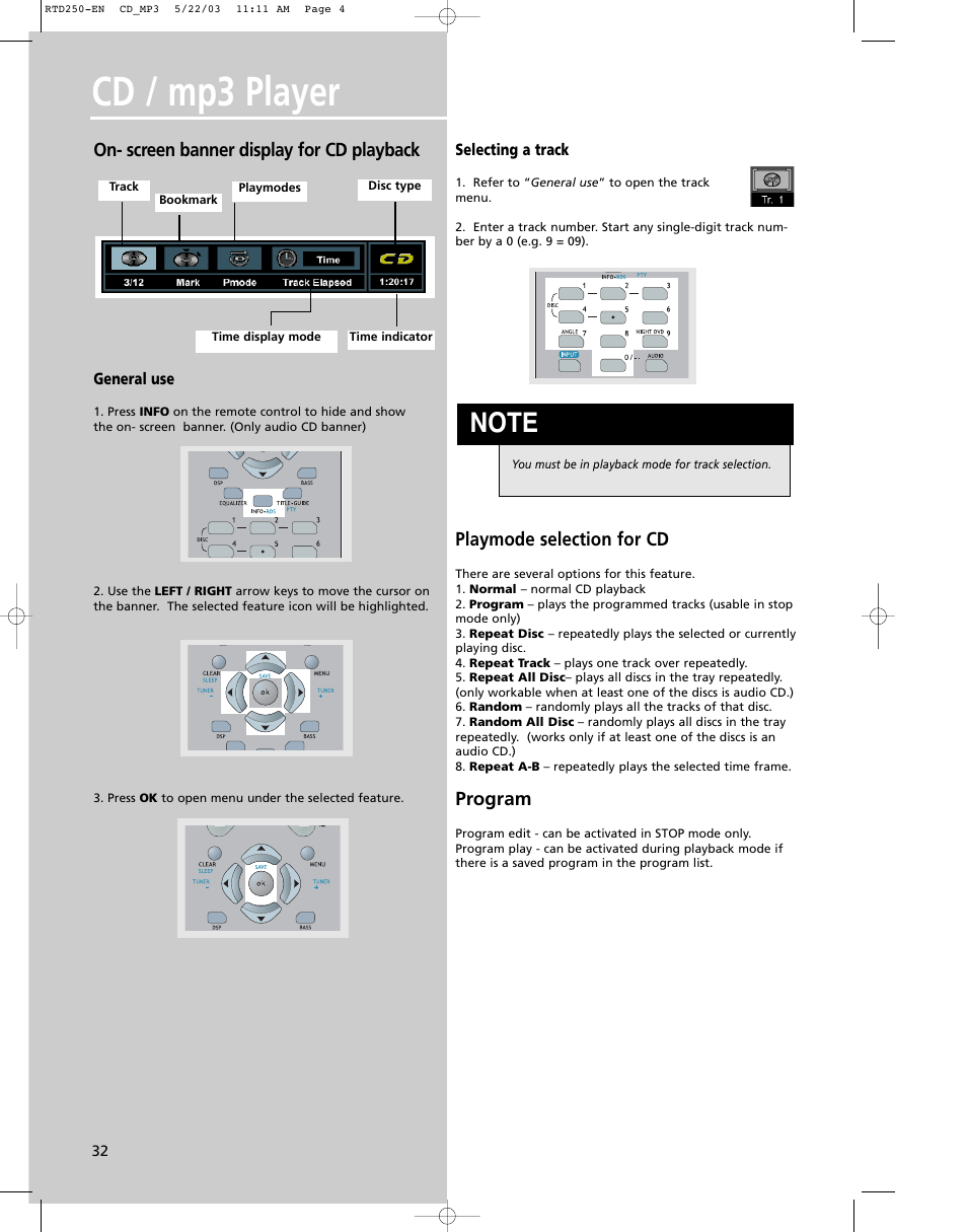 Cd / mp3 player, On- screen banner display for cd playback, Playmode selection for cd | Program | RCA UND RECEIVER RTD250 User Manual | Page 35 / 55