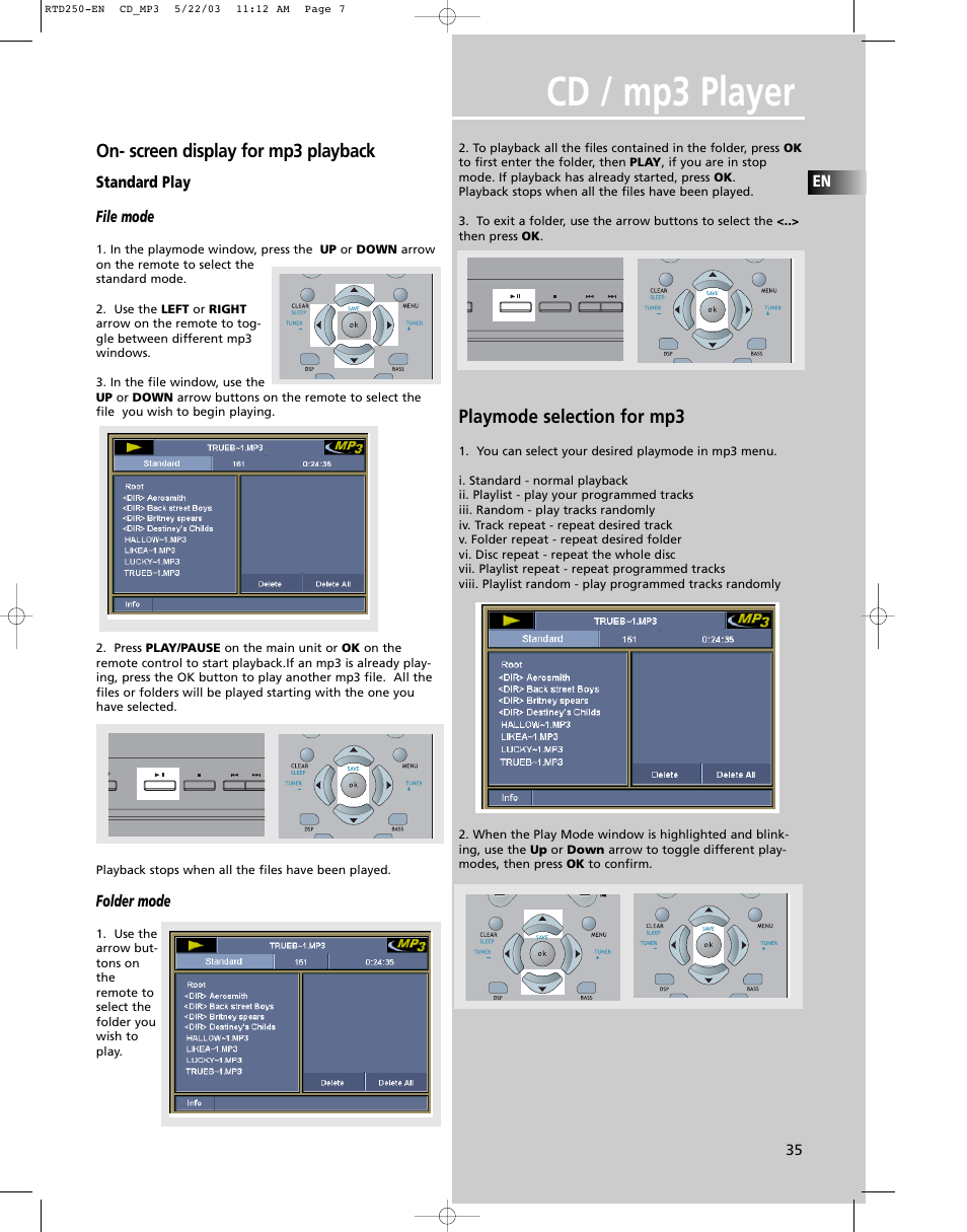 Cd / mp3 player, On- screen display for mp3 playback, Playmode selection for mp3 | RCA UND RECEIVER RTD250 User Manual | Page 38 / 55