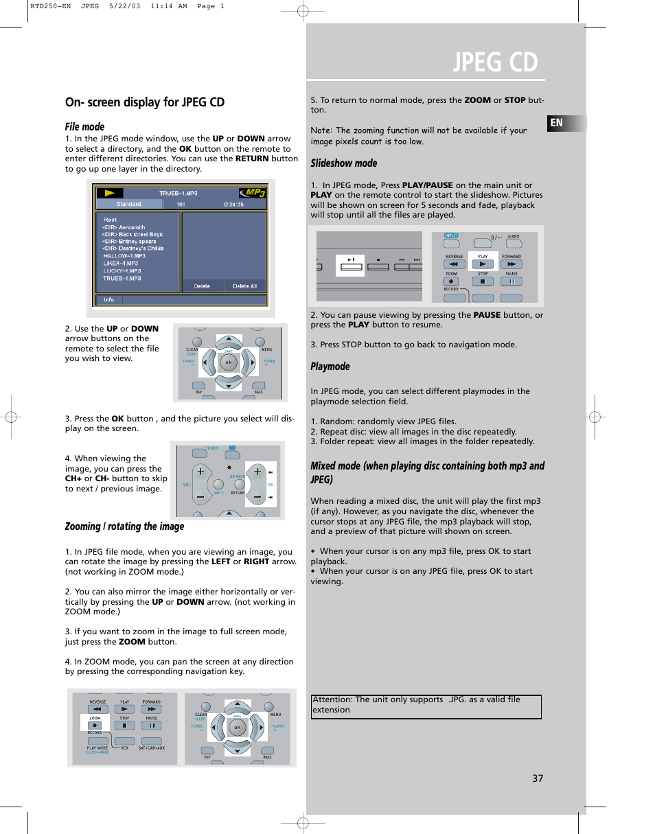 Jpeg cd, On- screen display for jpeg cd | RCA UND RECEIVER RTD250 User Manual | Page 40 / 55