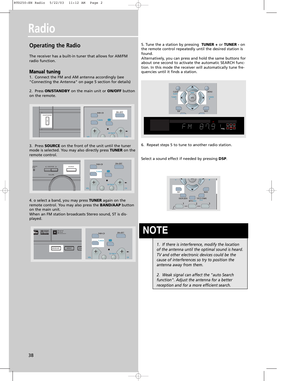 Radio, Operating the radio, Manual tuning | RCA UND RECEIVER RTD250 User Manual | Page 41 / 55