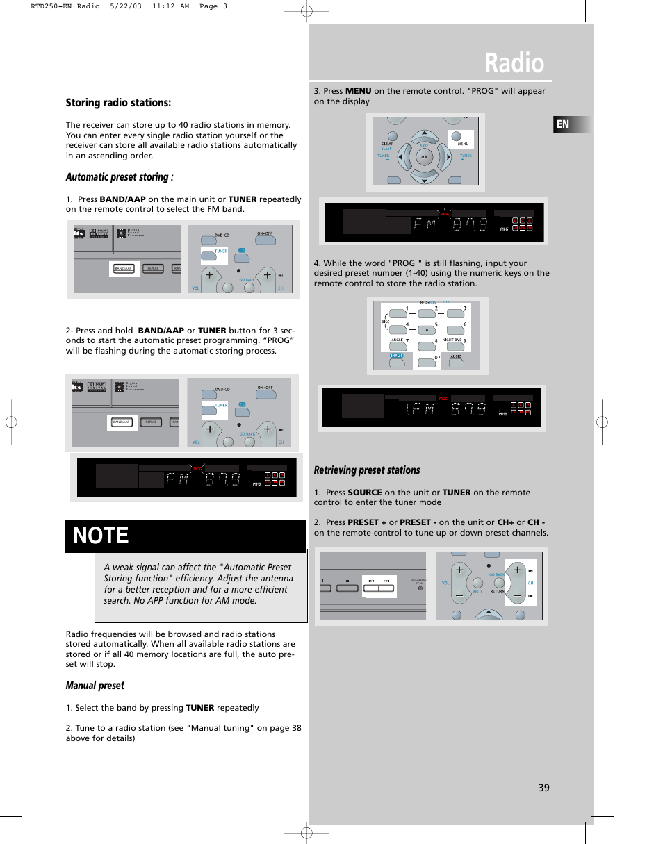 Radio, Storing radio stations, Automatic preset storing | Manual preset, Retrieving preset stations | RCA UND RECEIVER RTD250 User Manual | Page 42 / 55