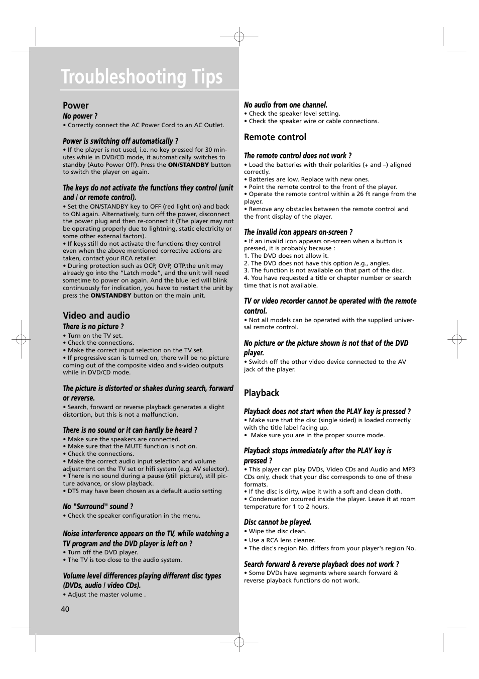 Troubleshooting tips, Power, Video and audio | Remote control, Playback | RCA UND RECEIVER RTD250 User Manual | Page 43 / 55