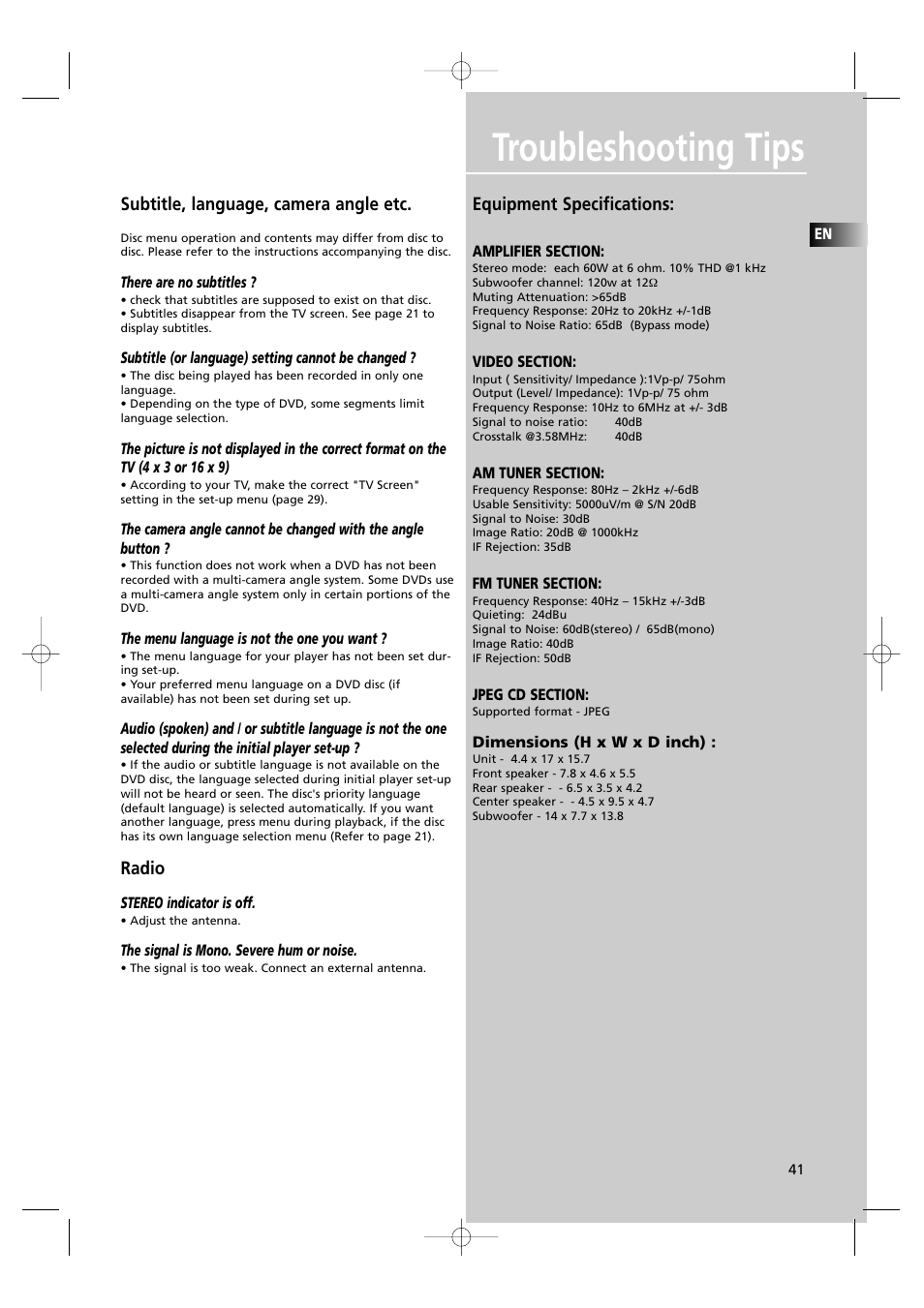 Troubleshooting tips, Subtitle, language, camera angle etc, Radio | Equipment specifications | RCA UND RECEIVER RTD250 User Manual | Page 44 / 55